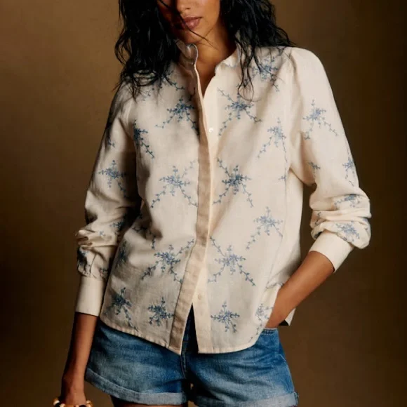 Sezane Floral Linen Embroidered Top Size EU 34 US 2 Ambre Shirt cotton Blue - Picture 1 of 11